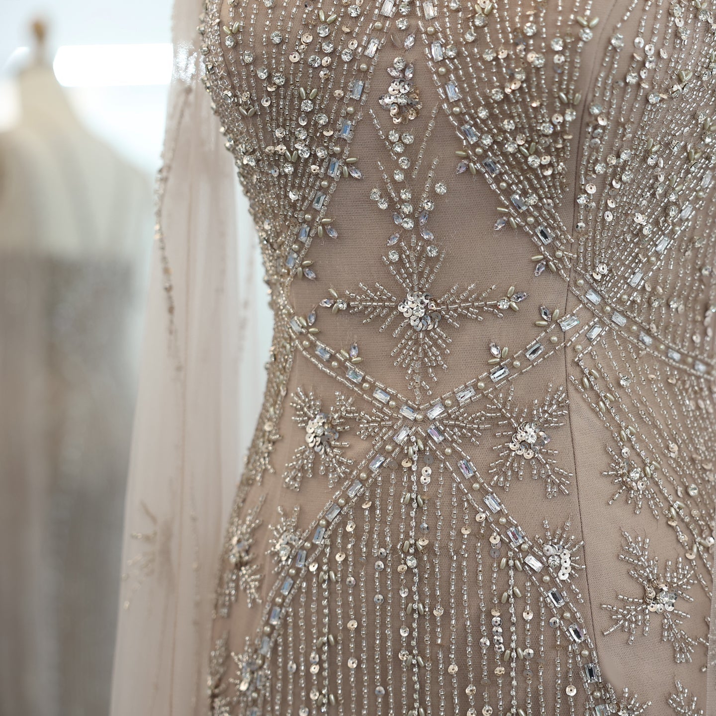 Luxury Champagne Mermaid Evening Dress with Cape Sleeves SS391