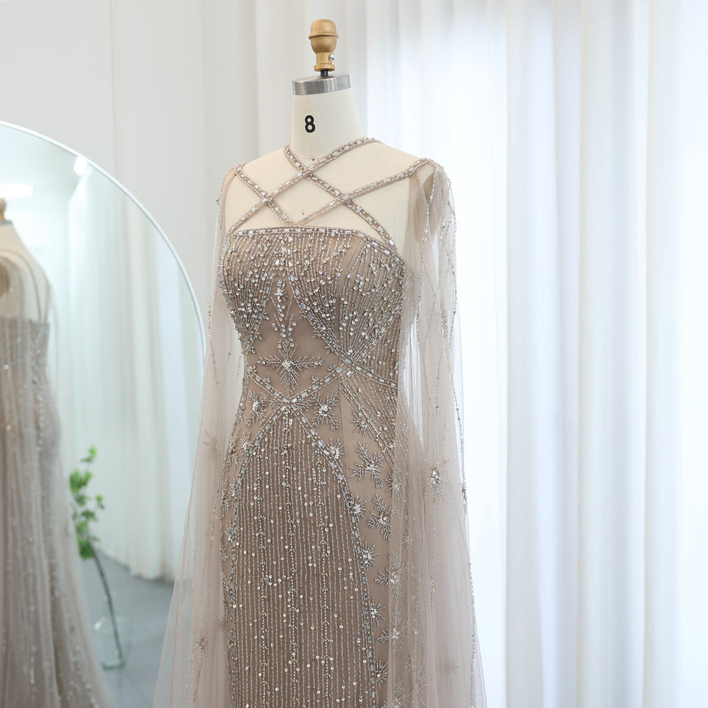 Luxury Champagne Mermaid Evening Dress with Cape Sleeves SS391