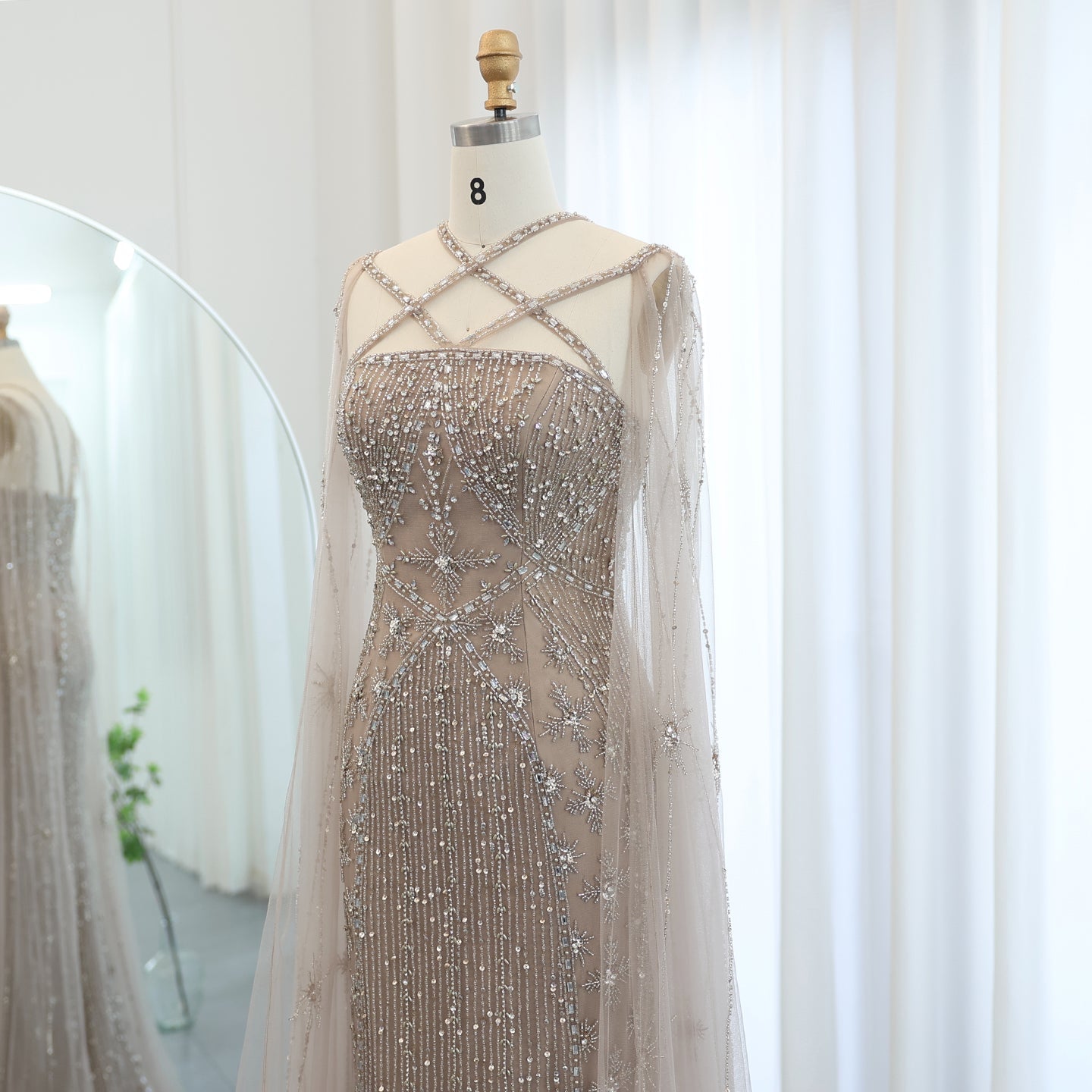 Luxury Champagne Mermaid Evening Dress with Cape Sleeves SS391