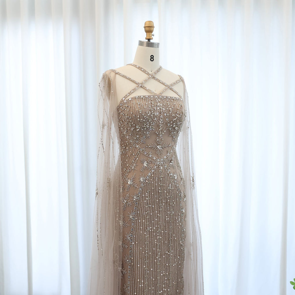 Luxury Champagne Mermaid Evening Dress with Cape Sleeves SS391