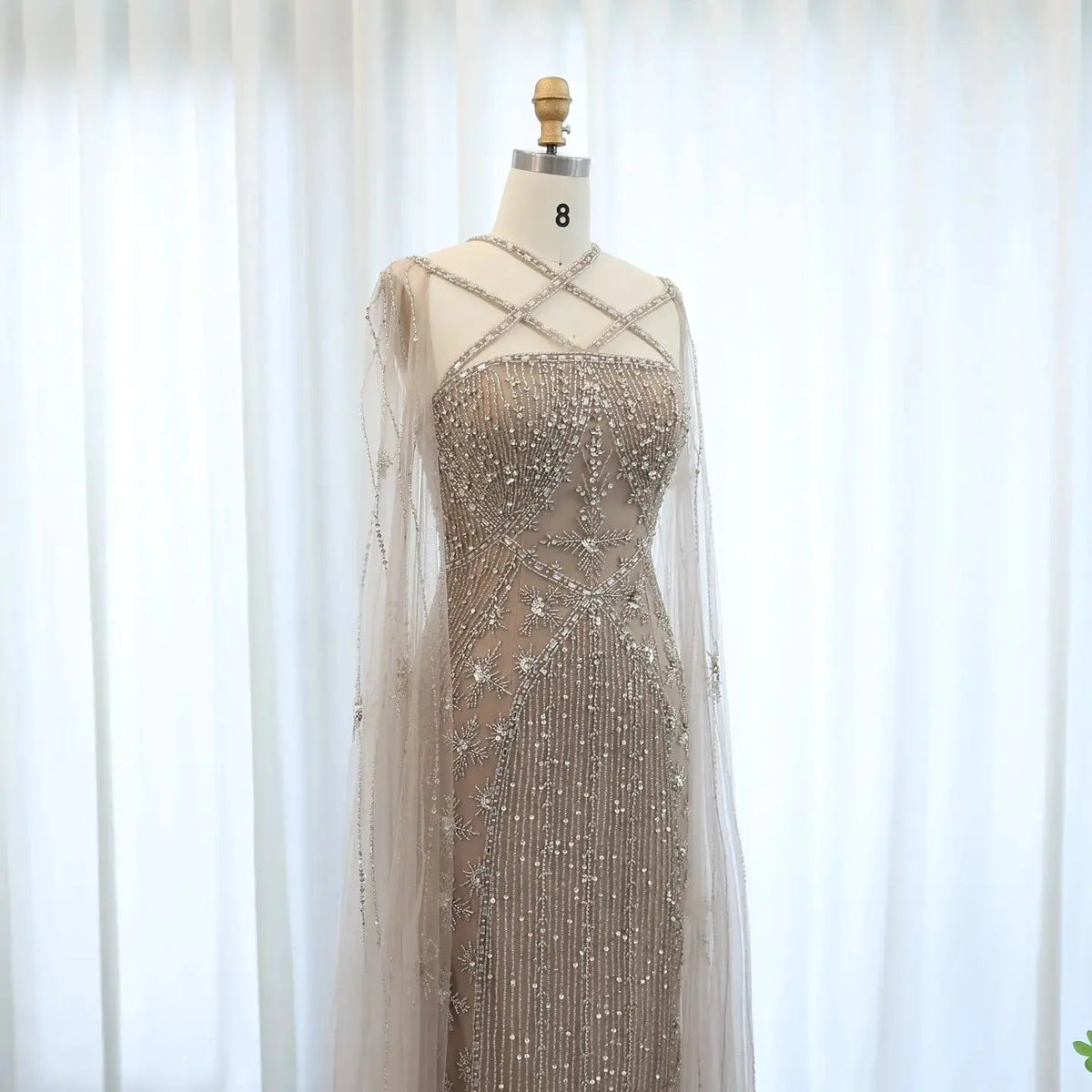 Luxury Aqua Crisscross Evening Dress with Cape Sleeves SS391