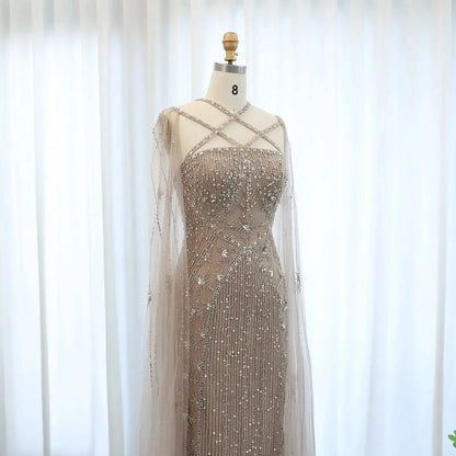 Luxury Aqua Crisscross Evening Dress with Cape Sleeves SS391