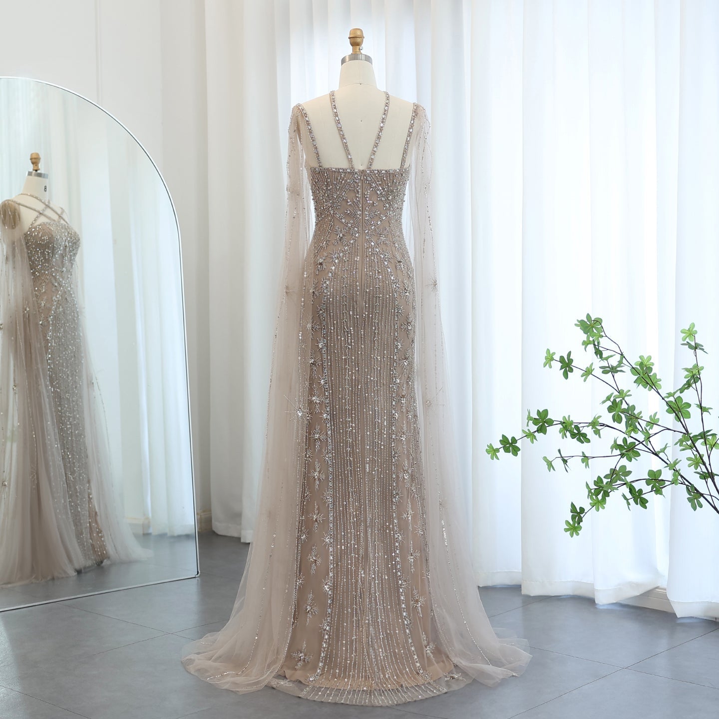 Luxury Champagne Mermaid Evening Dress with Cape Sleeves SS391