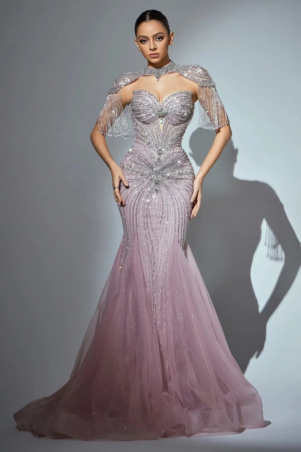 Luxury Champagne Beaded Crystal Evening Dress with Tassel Shoulder SS021