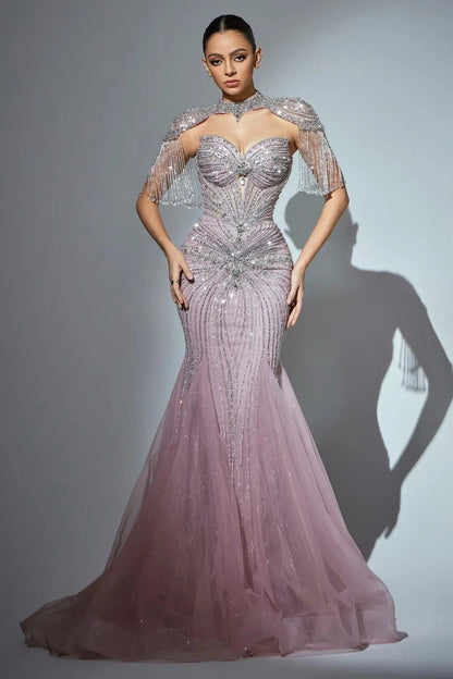 Luxury Champagne Beaded Crystal Evening Dress with Tassel Shoulder SS021