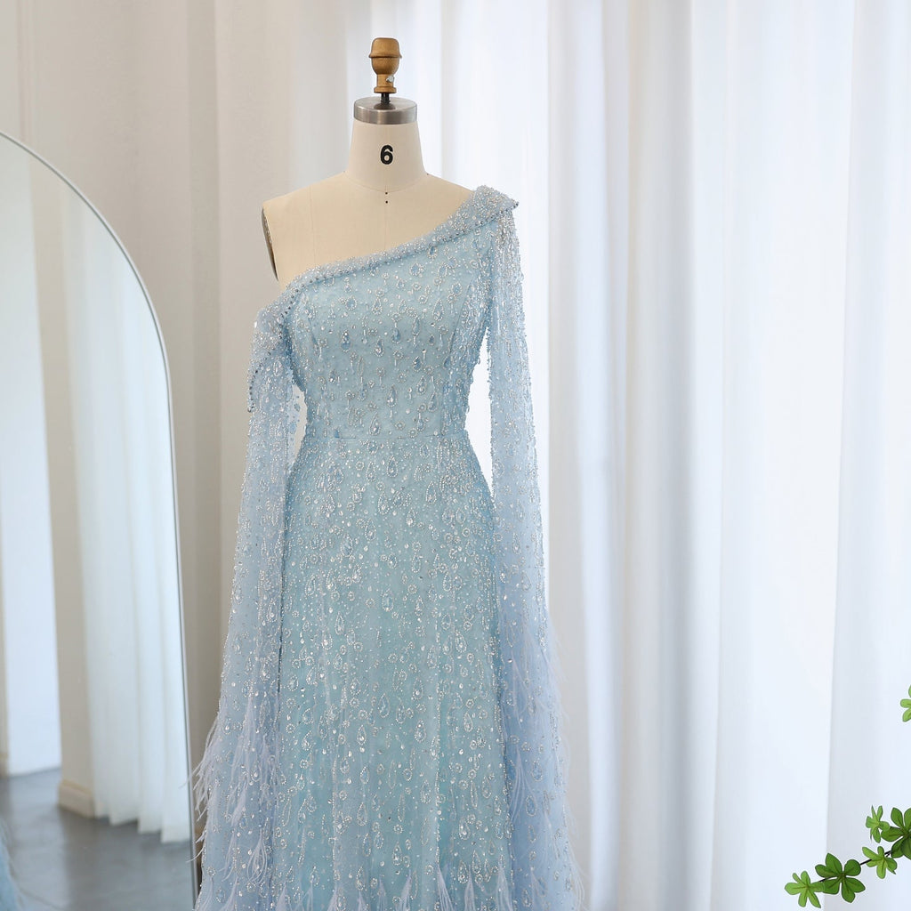 Luxury Feathers Rose Gold Evening Dress with Cape Sleeves SS438