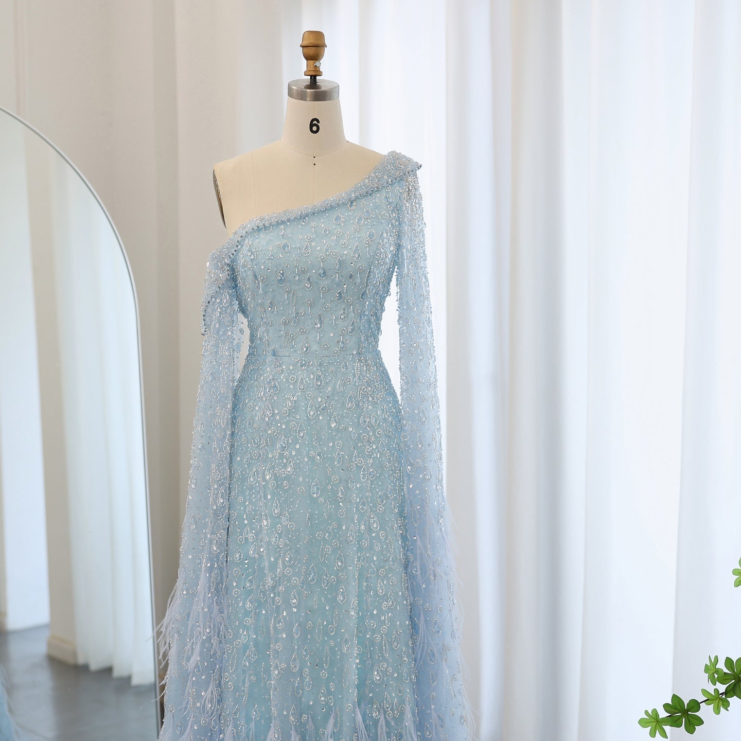 Luxury Feathers Rose Gold Evening Dress with Cape Sleeves SS438