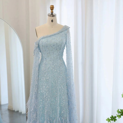 Luxury Feather One Shoulder Evening Dress with Cape Sleeves SS438
