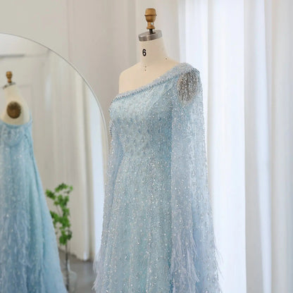 Luxury Feather One Shoulder Evening Dress with Cape Sleeves SS438