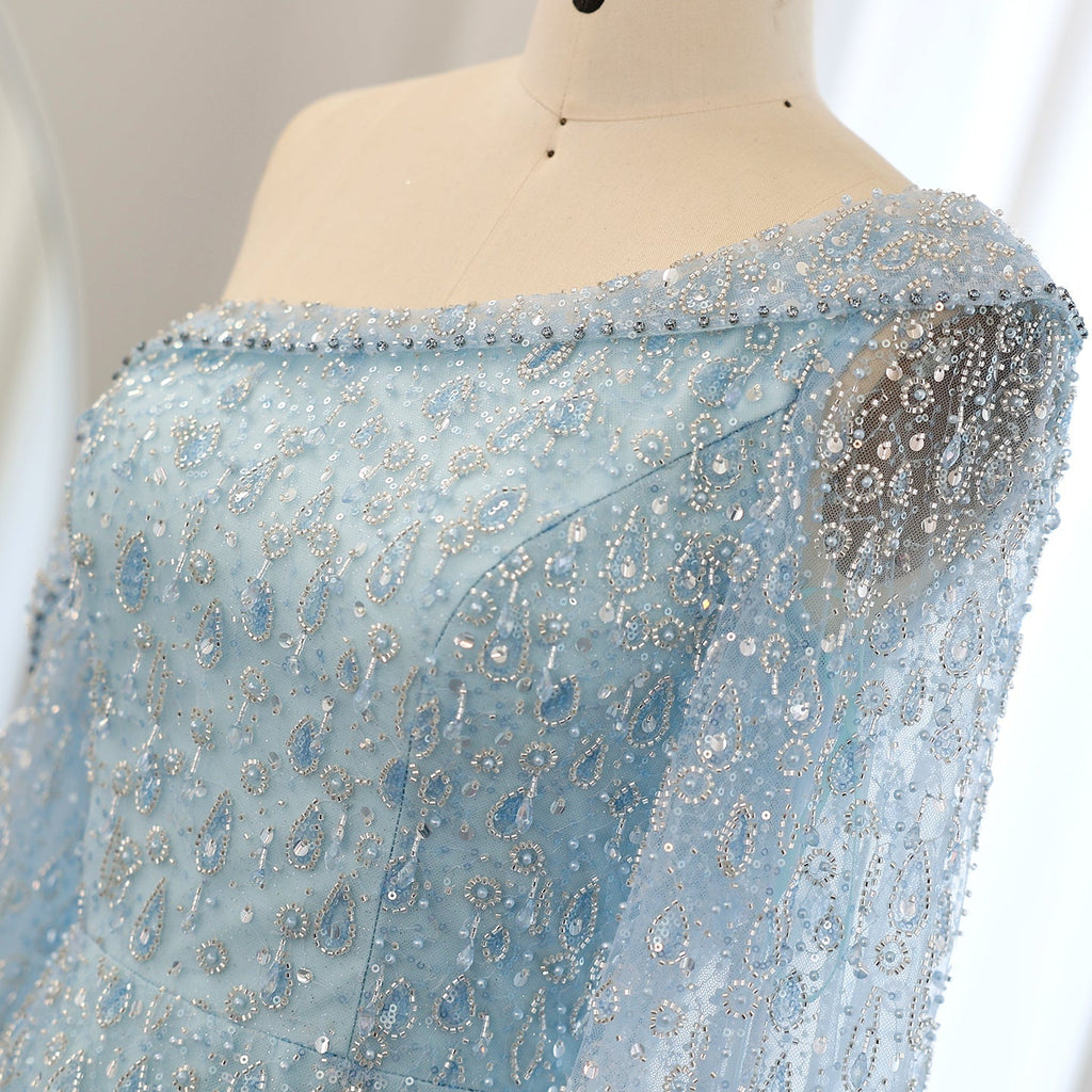 Luxury Feathers Rose Gold Evening Dress with Cape Sleeves SS438