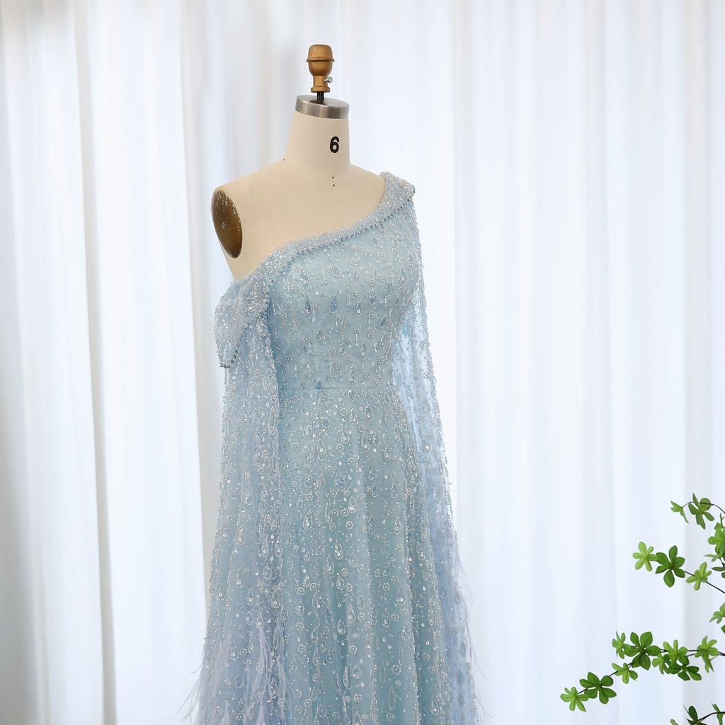 Luxury Feathers Rose Gold Evening Dress with Cape Sleeves SS438