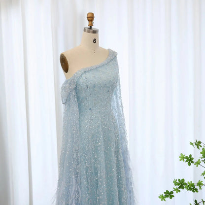 Luxury Feather One Shoulder Evening Dress with Cape Sleeves SS438