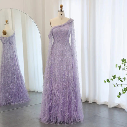 Luxury Feather One Shoulder Evening Dress with Cape Sleeves SS438