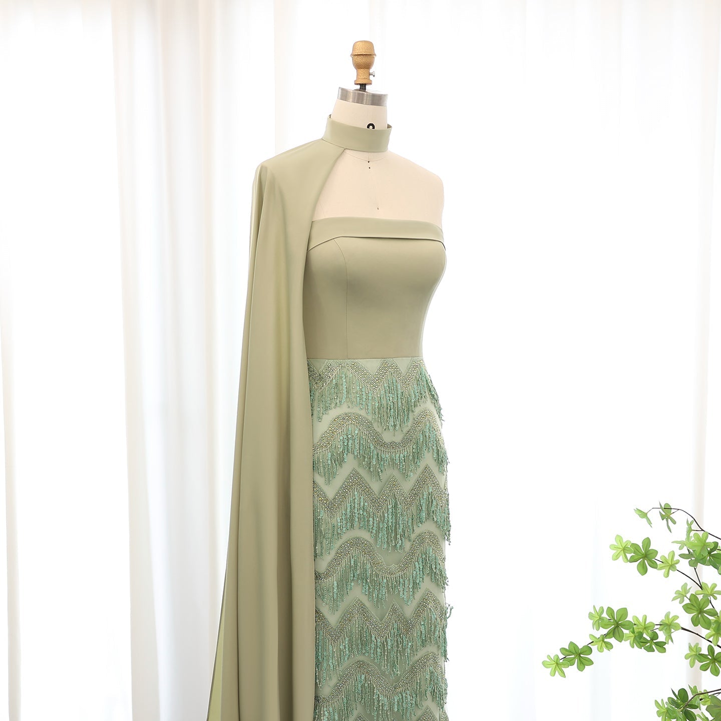 Elegant Coral Pink Tassel Strapless Evening Dress with Cape Sleeves SS143