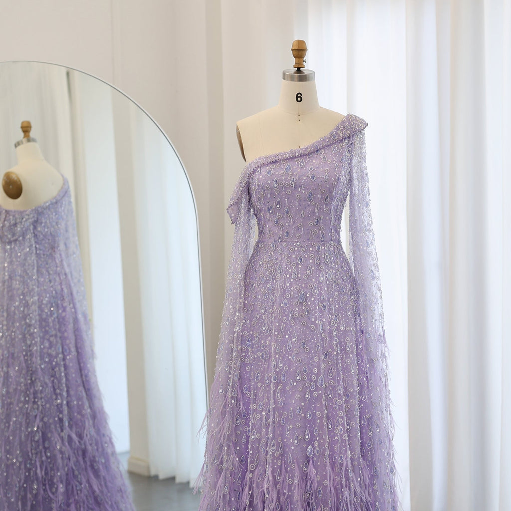 Luxury Feathers Rose Gold Evening Dress with Cape Sleeves SS438
