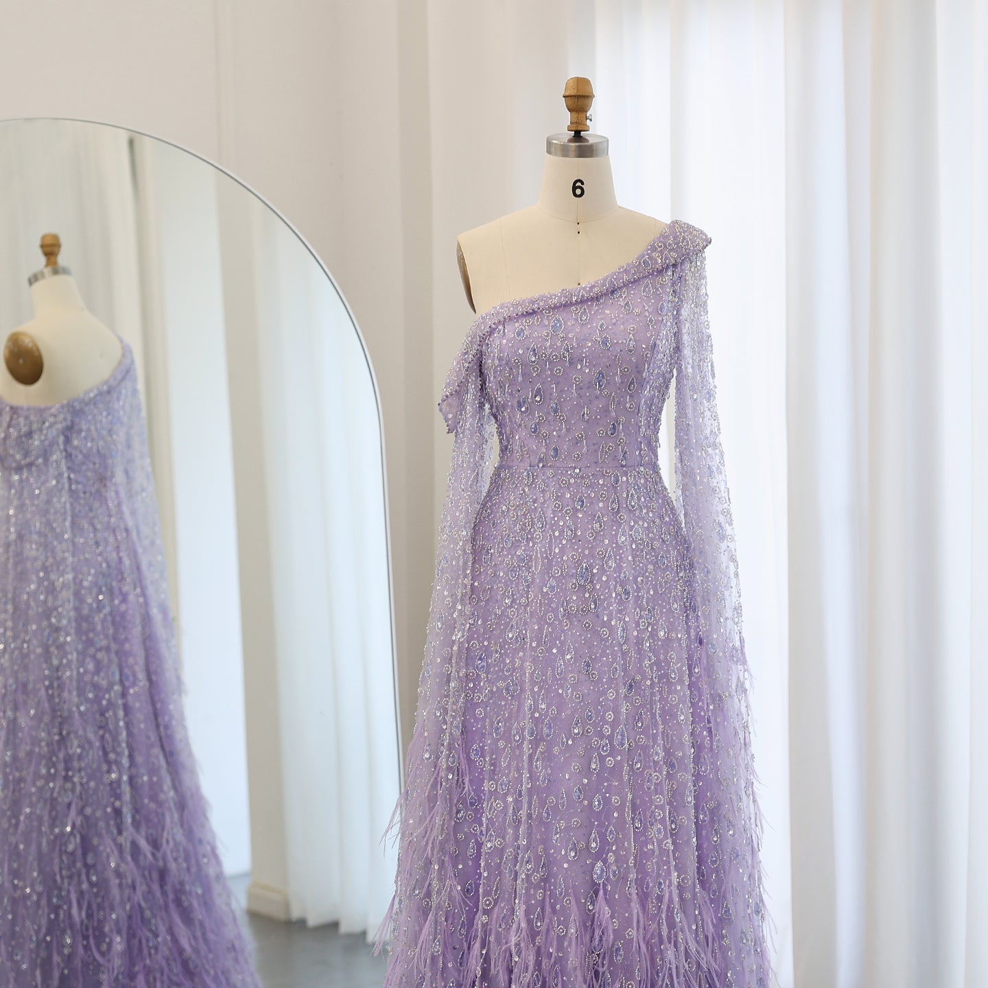 Luxury Feathers Rose Gold Evening Dress with Cape Sleeves SS438