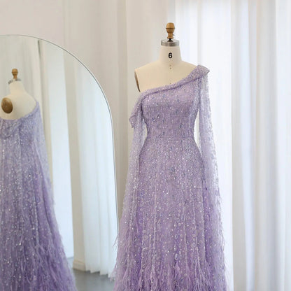 Luxury Feather One Shoulder Evening Dress with Cape Sleeves SS438