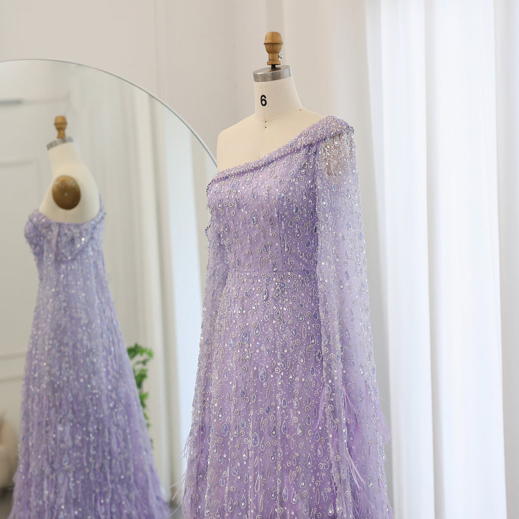 Luxury Feathers Rose Gold Evening Dress with Cape Sleeves SS438