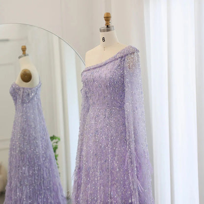 Luxury Feather One Shoulder Evening Dress with Cape Sleeves SS438
