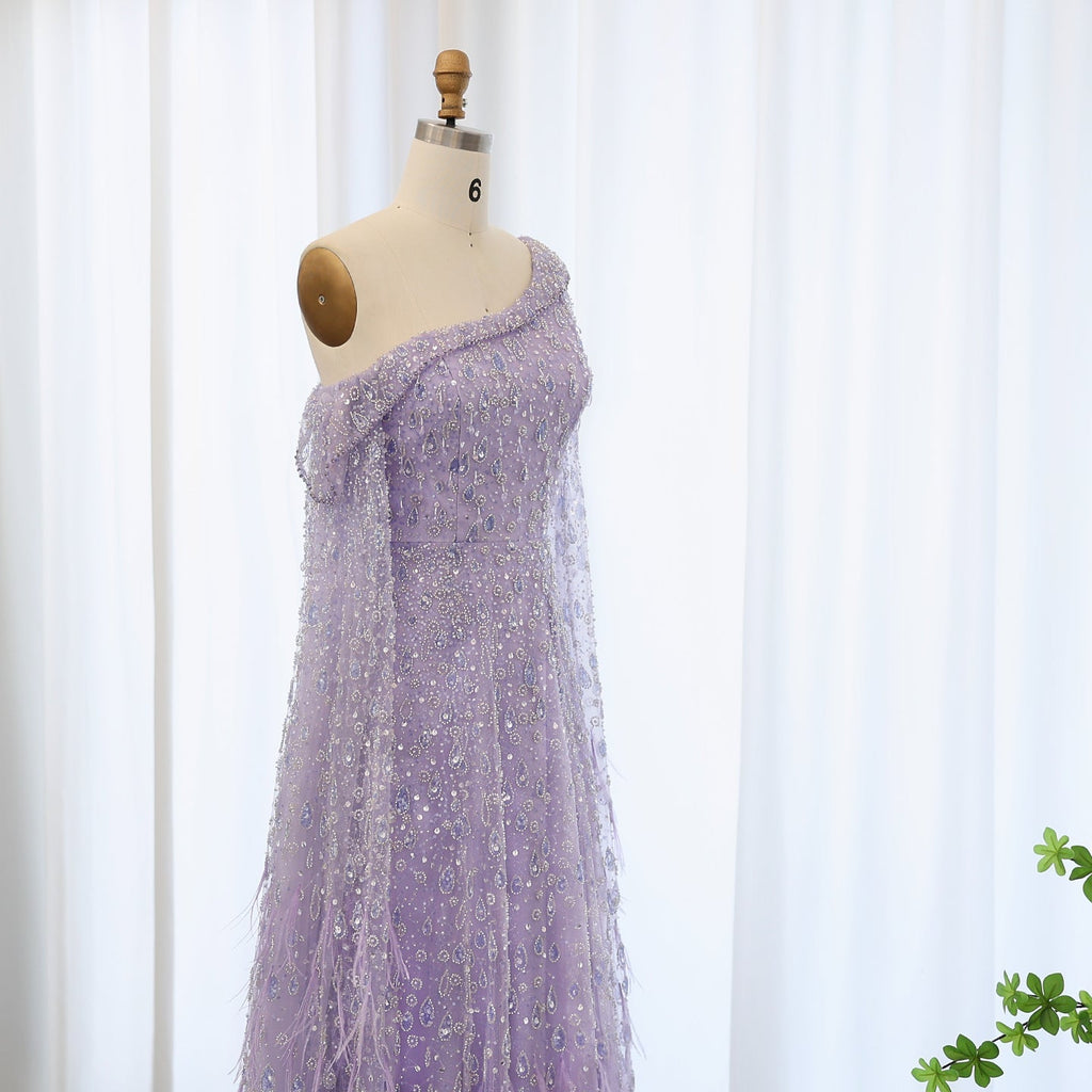 Luxury Feathers Rose Gold Evening Dress with Cape Sleeves SS438