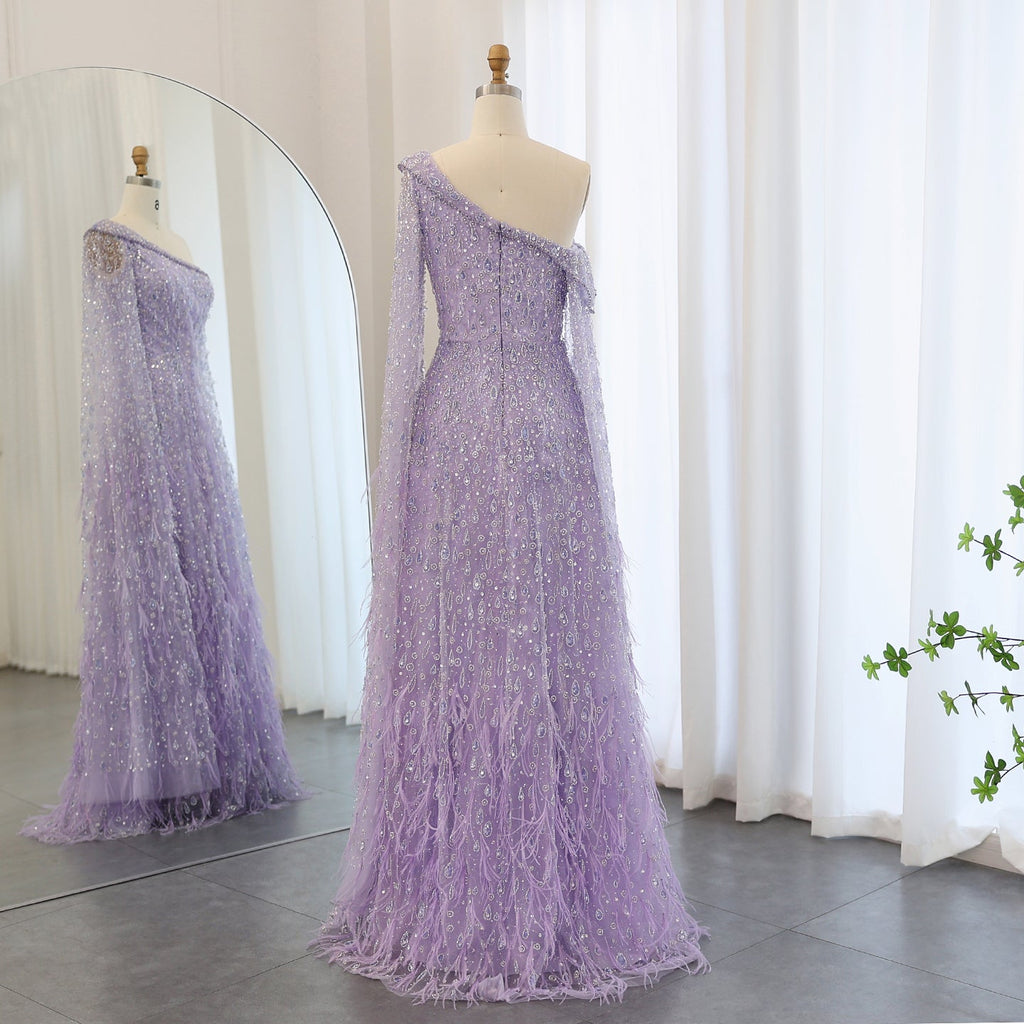 Luxury Feathers Rose Gold Evening Dress with Cape Sleeves SS438