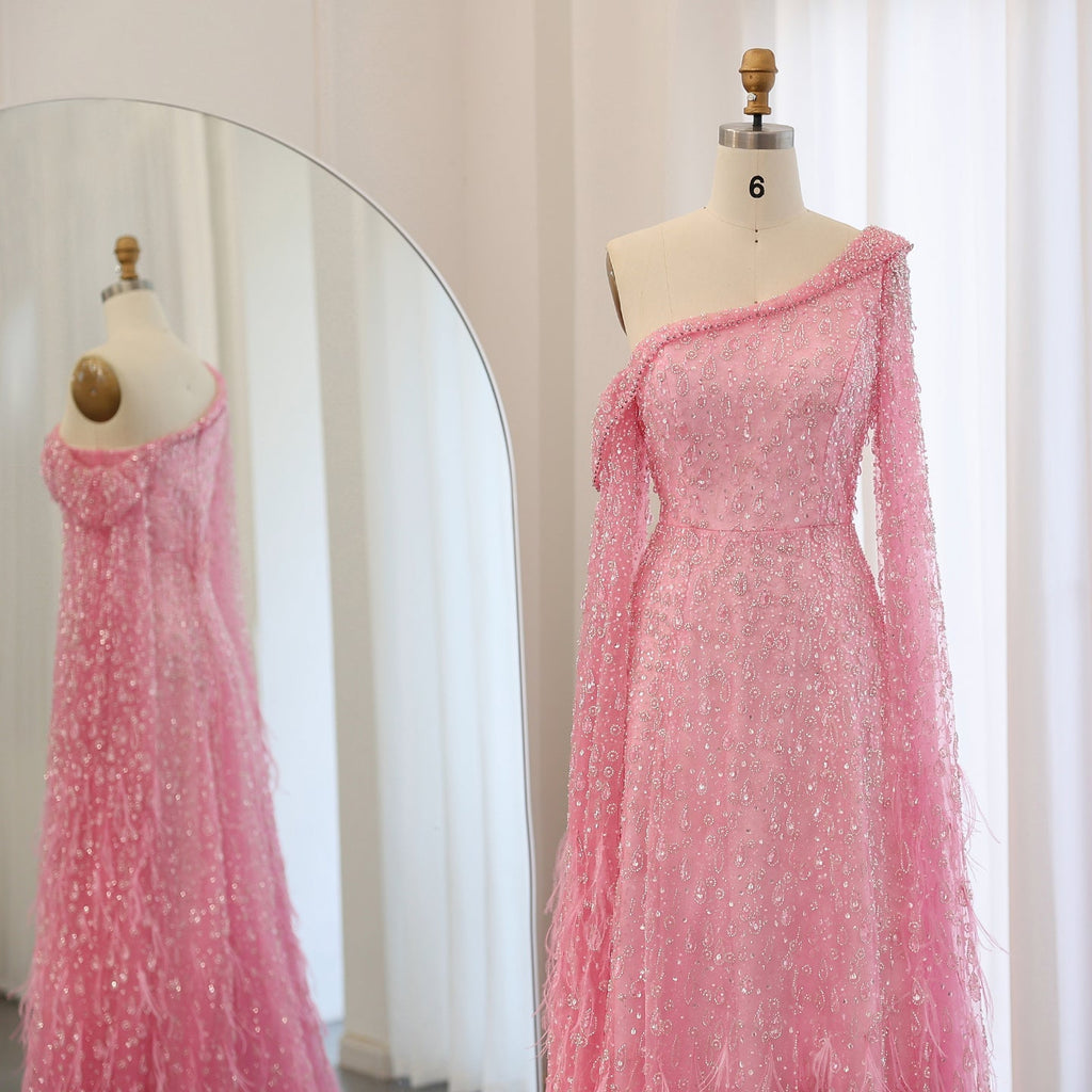 Luxury Feathers Rose Gold Evening Dress with Cape Sleeves SS438