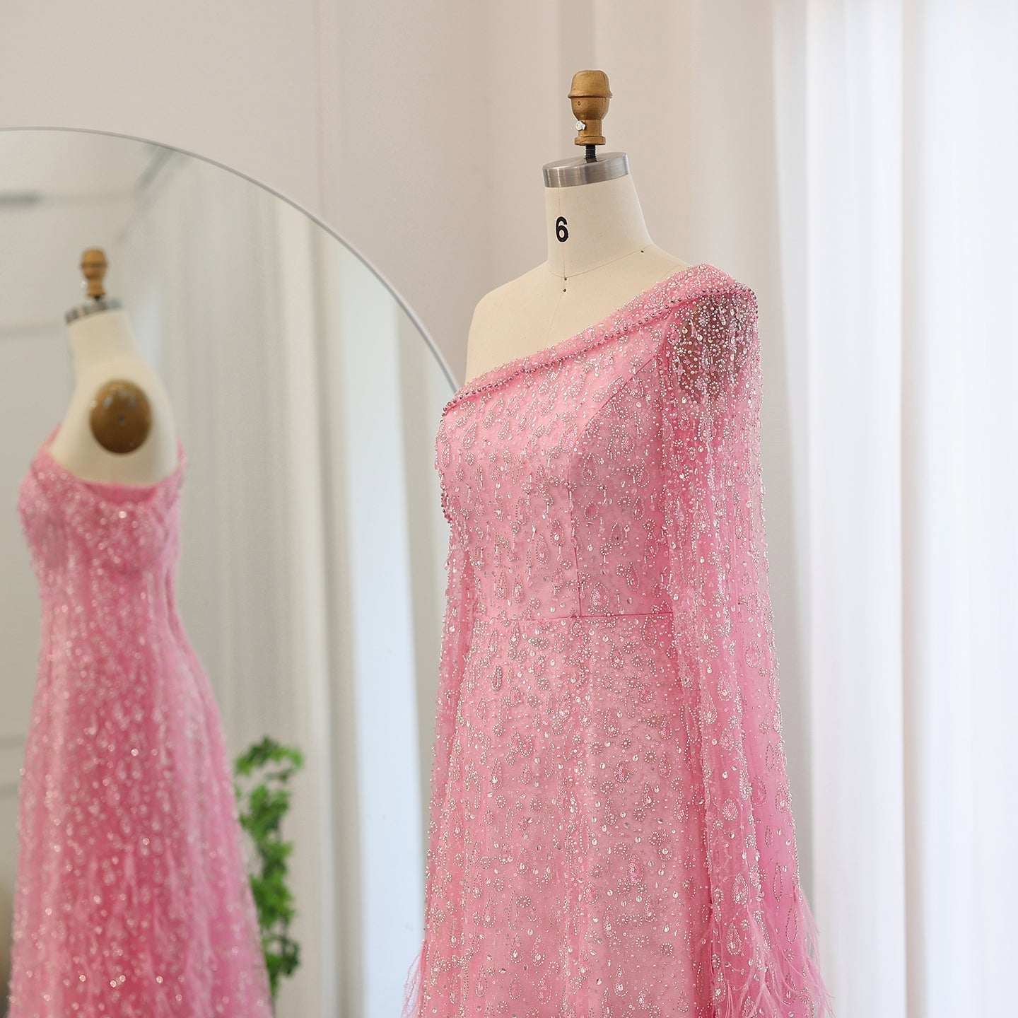 Luxury Feathers Rose Gold Evening Dress with Cape Sleeves SS438