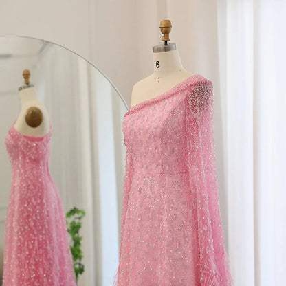 Luxury Feather One Shoulder Evening Dress with Cape Sleeves SS438