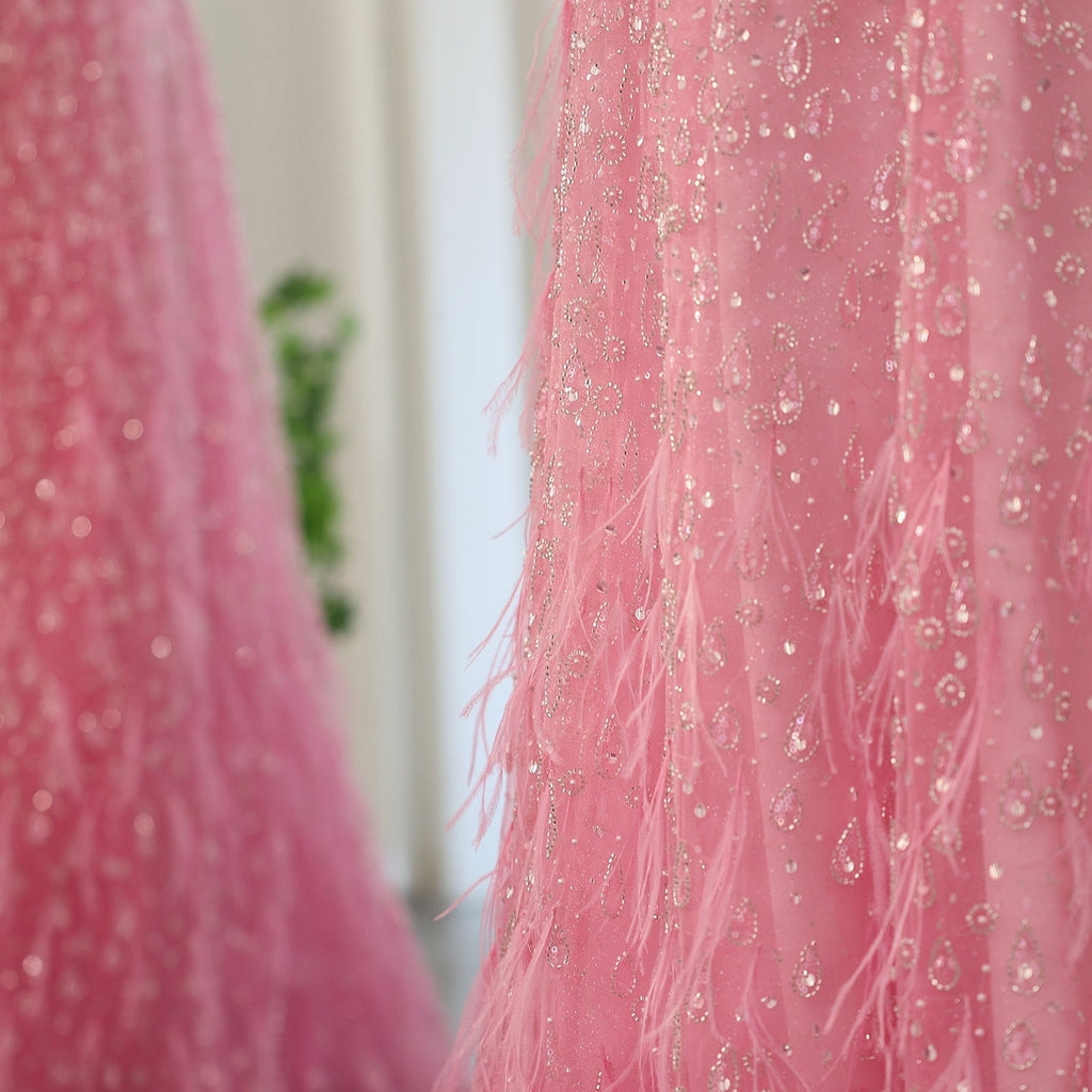 Luxury Feathers Rose Gold Evening Dress with Cape Sleeves SS438