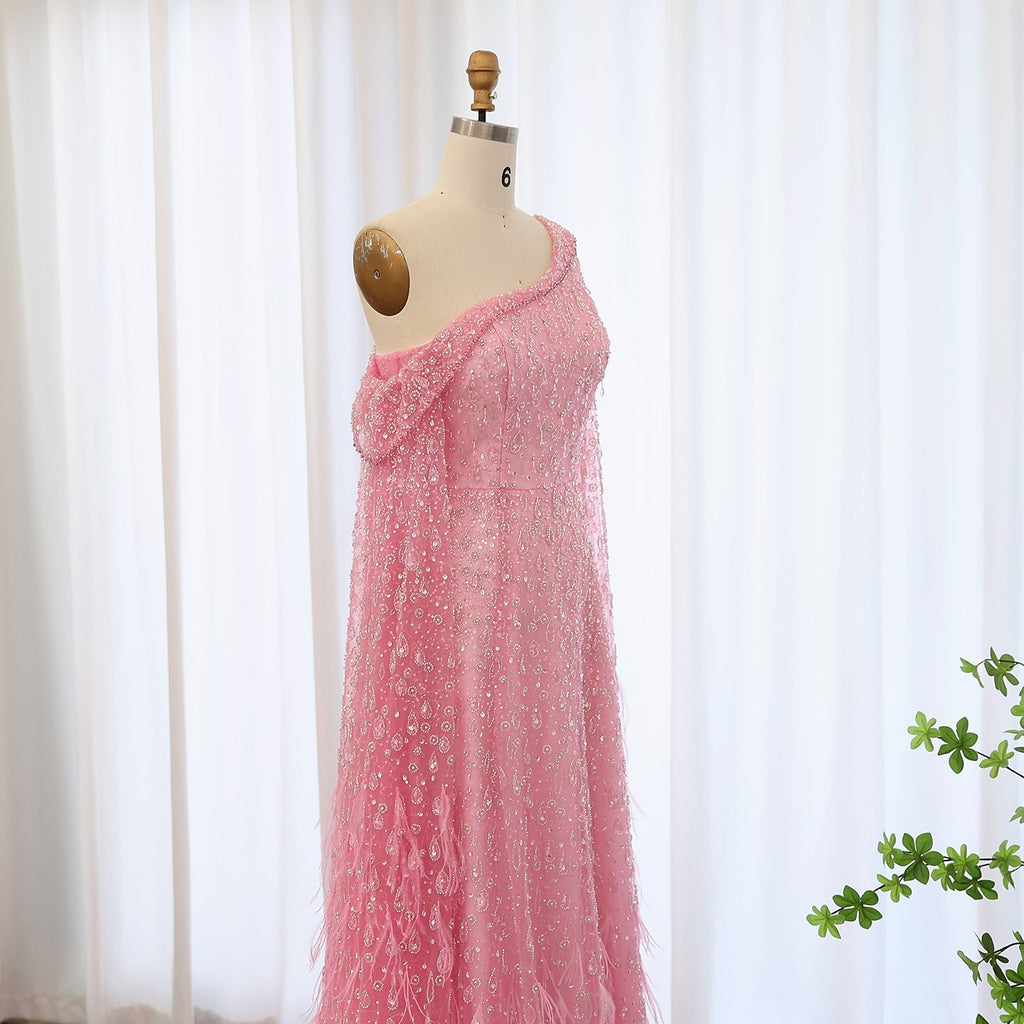 Luxury Feathers Rose Gold Evening Dress with Cape Sleeves SS438