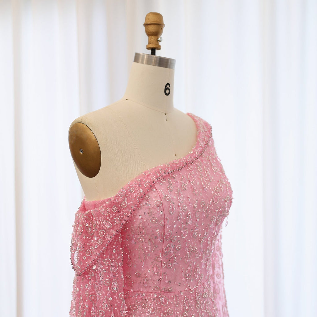 Luxury Feathers Rose Gold Evening Dress with Cape Sleeves SS438