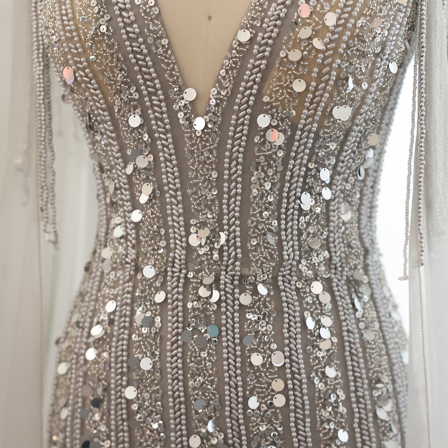 Luxury Silver Gray Mermaid Evening Dresses with Cape Sleeves SS159