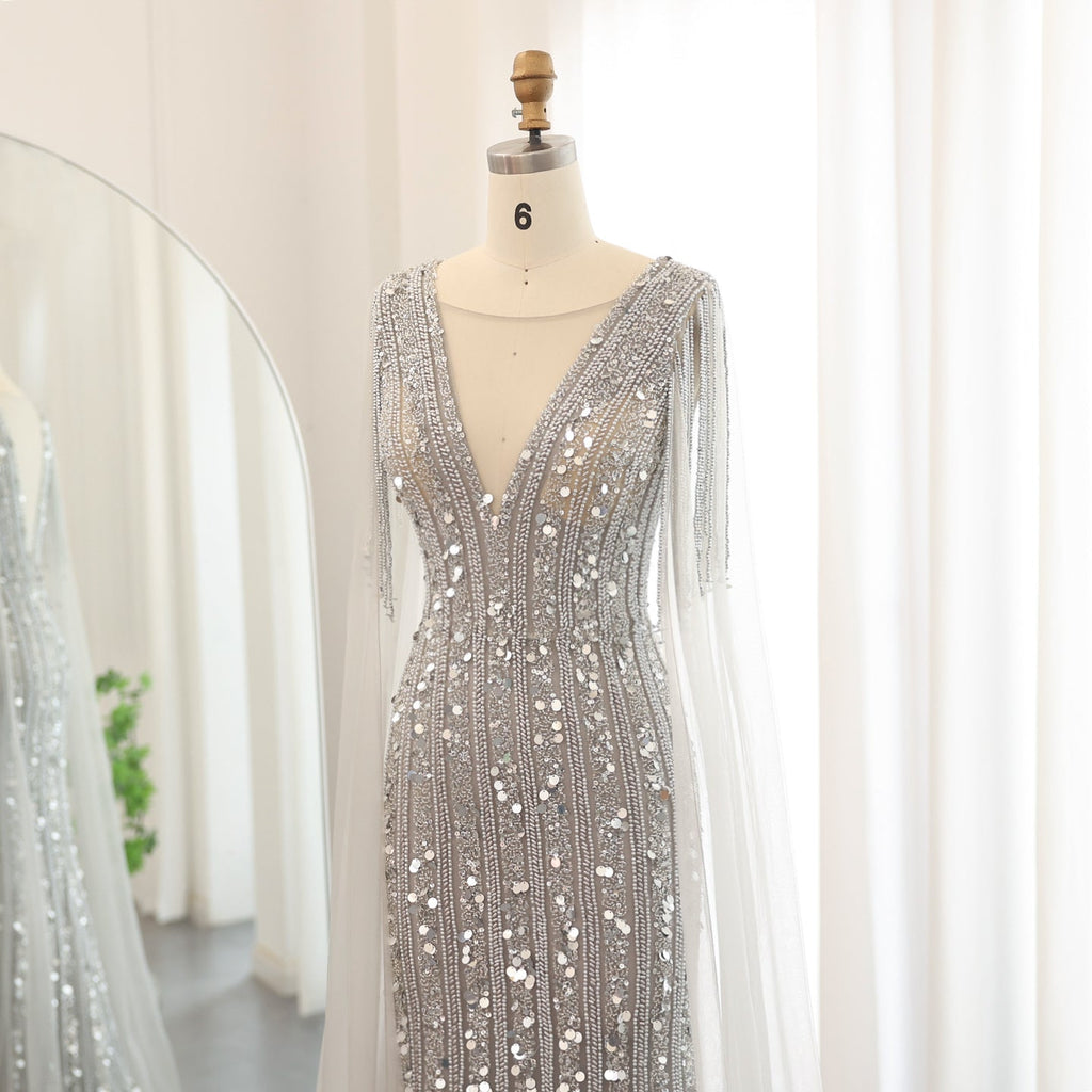 Luxury Silver Gray Mermaid Evening Dresses with Cape Sleeves SS159