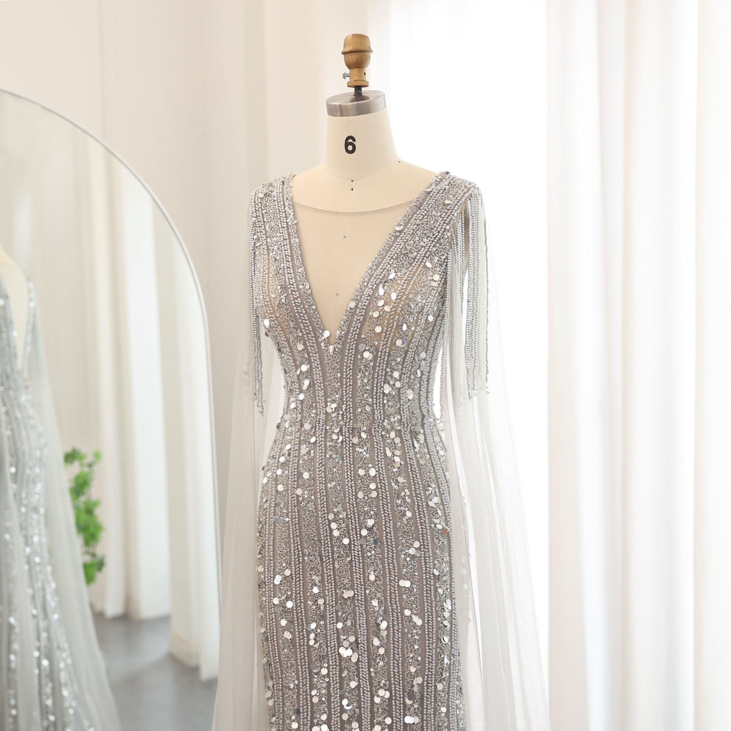 Luxury Silver Gray Mermaid Evening Dresses with Cape Sleeves SS159
