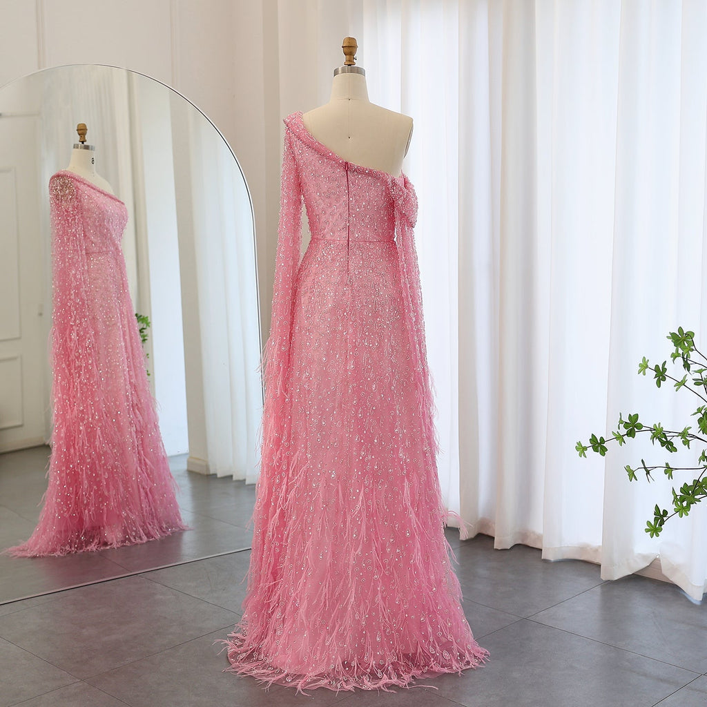 Luxury Feathers Rose Gold Evening Dress with Cape Sleeves SS438