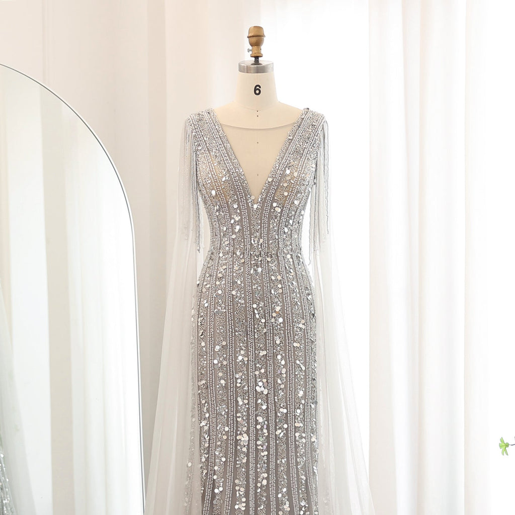 Luxury Silver Gray Mermaid Evening Dresses with Cape Sleeves SS159