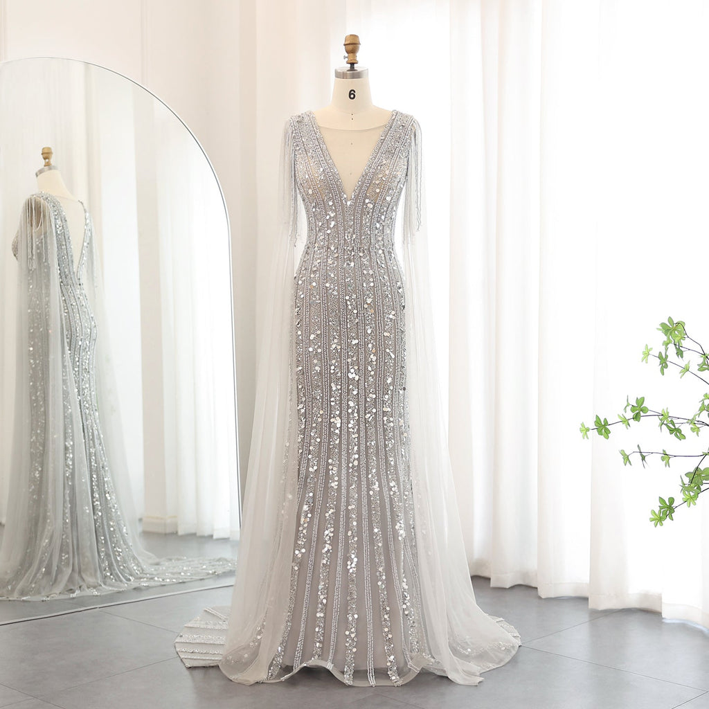 Luxury Silver Gray Mermaid Evening Dresses with Cape Sleeves SS159