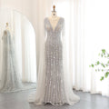 Luxury Silver Gray Mermaid Evening Dresses with Cape Sleeves SS159