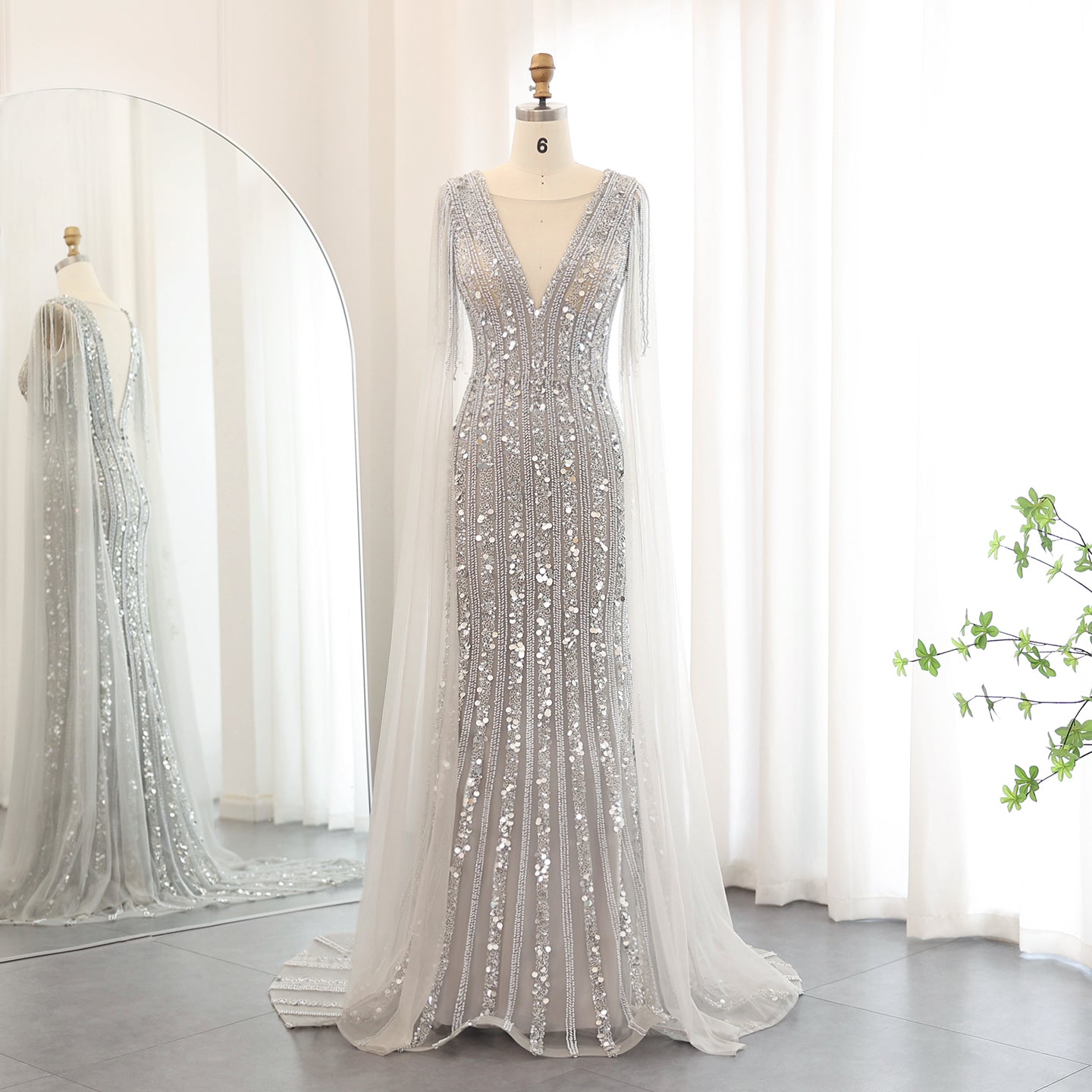 Luxury Silver Gray Mermaid Evening Dresses with Cape Sleeves SS159