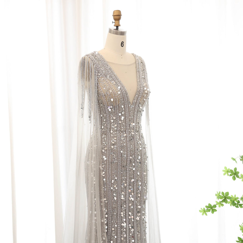 Luxury Silver Gray Mermaid Evening Dresses with Cape Sleeves SS159