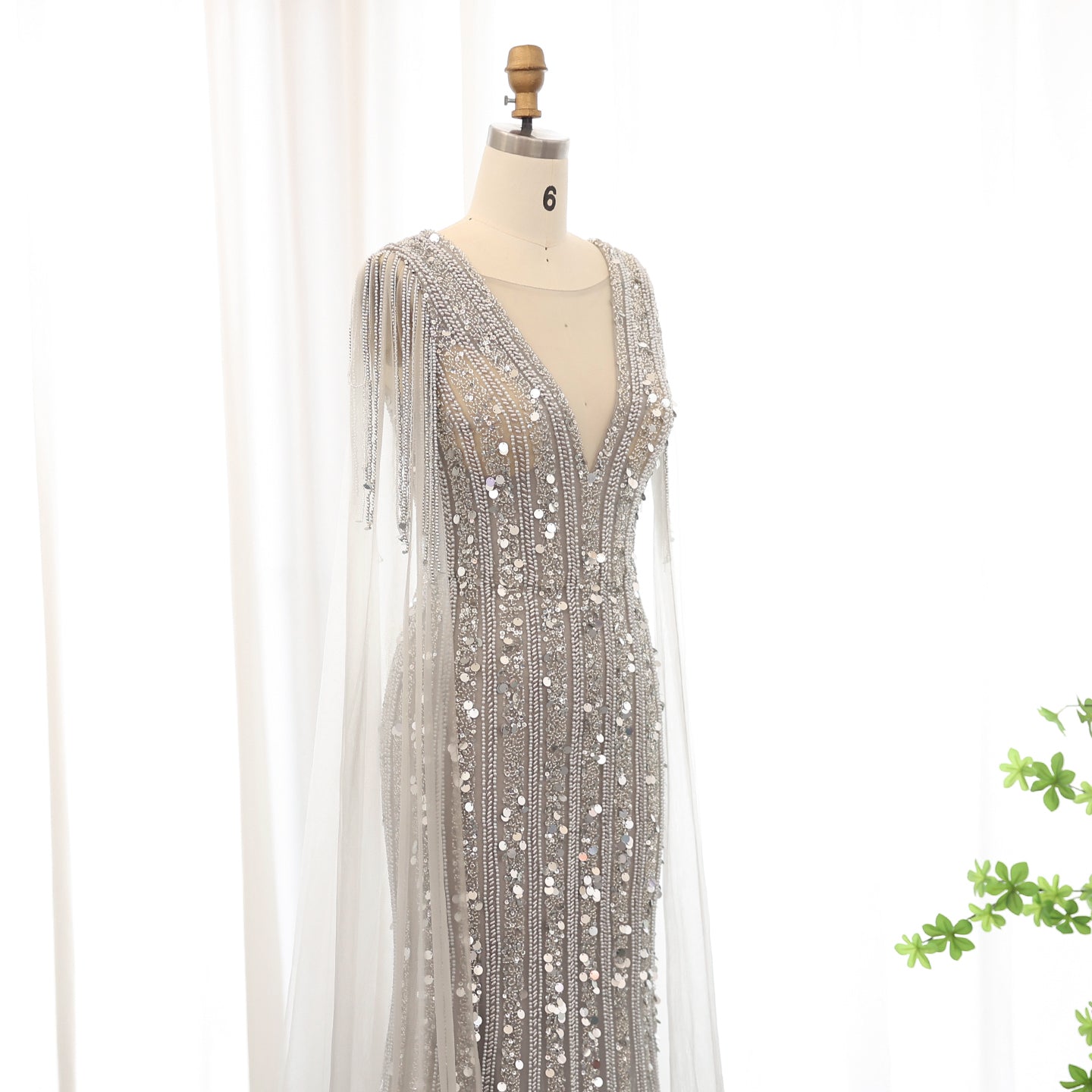 Luxury Silver Gray Mermaid Evening Dresses with Cape Sleeves SS159