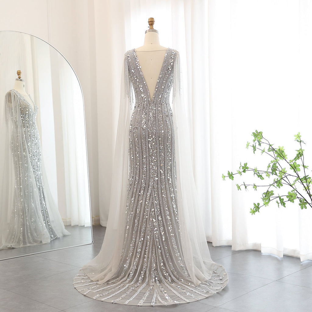 Luxury Silver Gray Mermaid Evening Dresses with Cape Sleeves SS159
