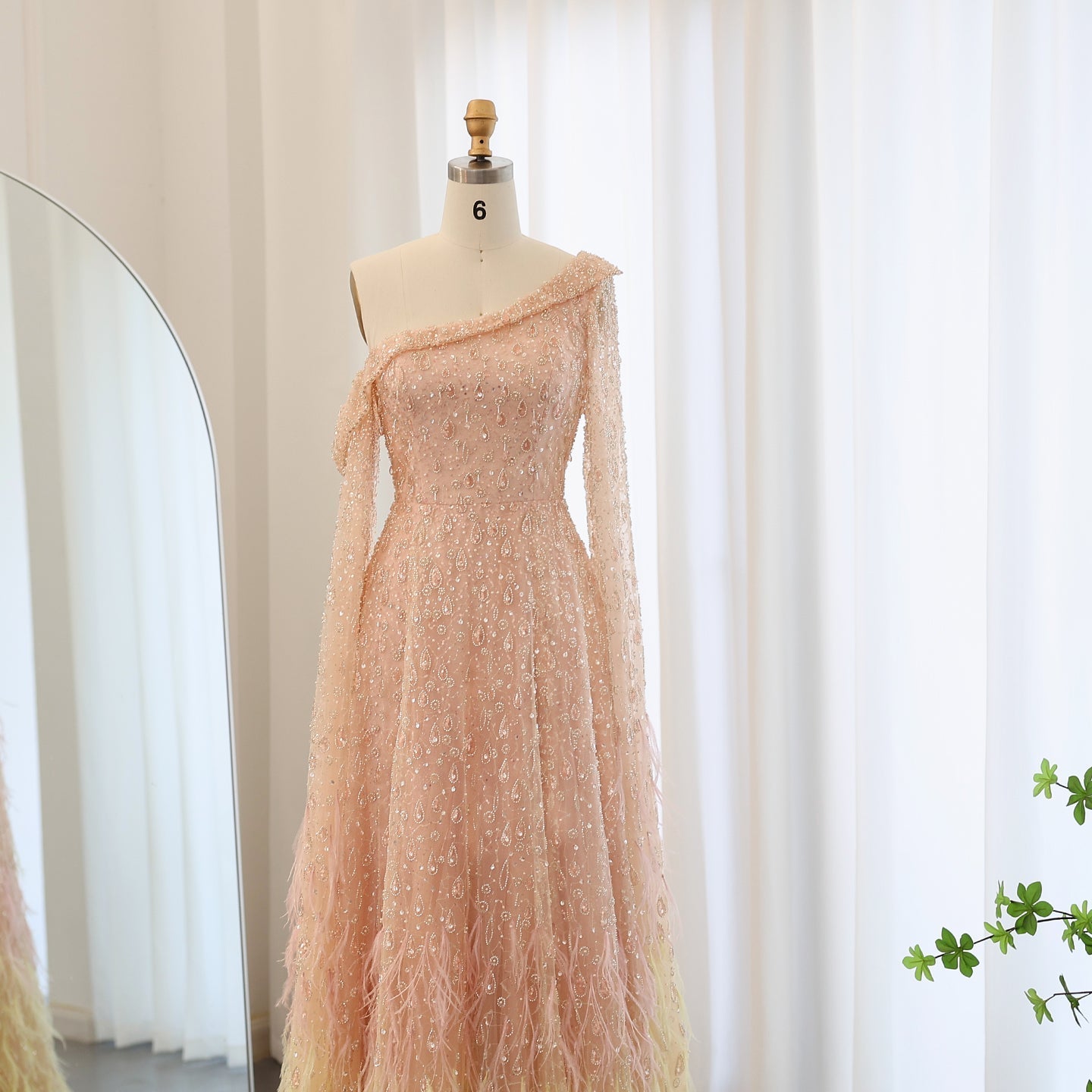 Luxury Feathers Rose Gold Evening Dress with Cape Sleeves SS438