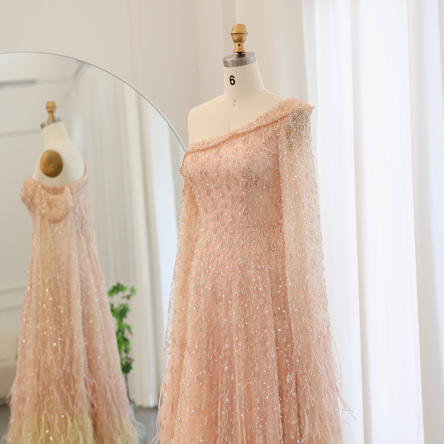Luxury Feathers Rose Gold Evening Dress with Cape Sleeves SS438