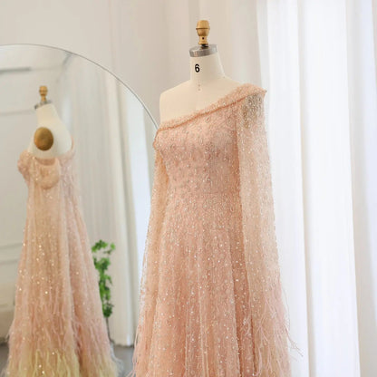 Luxury Feather One Shoulder Evening Dress with Cape Sleeves SS438