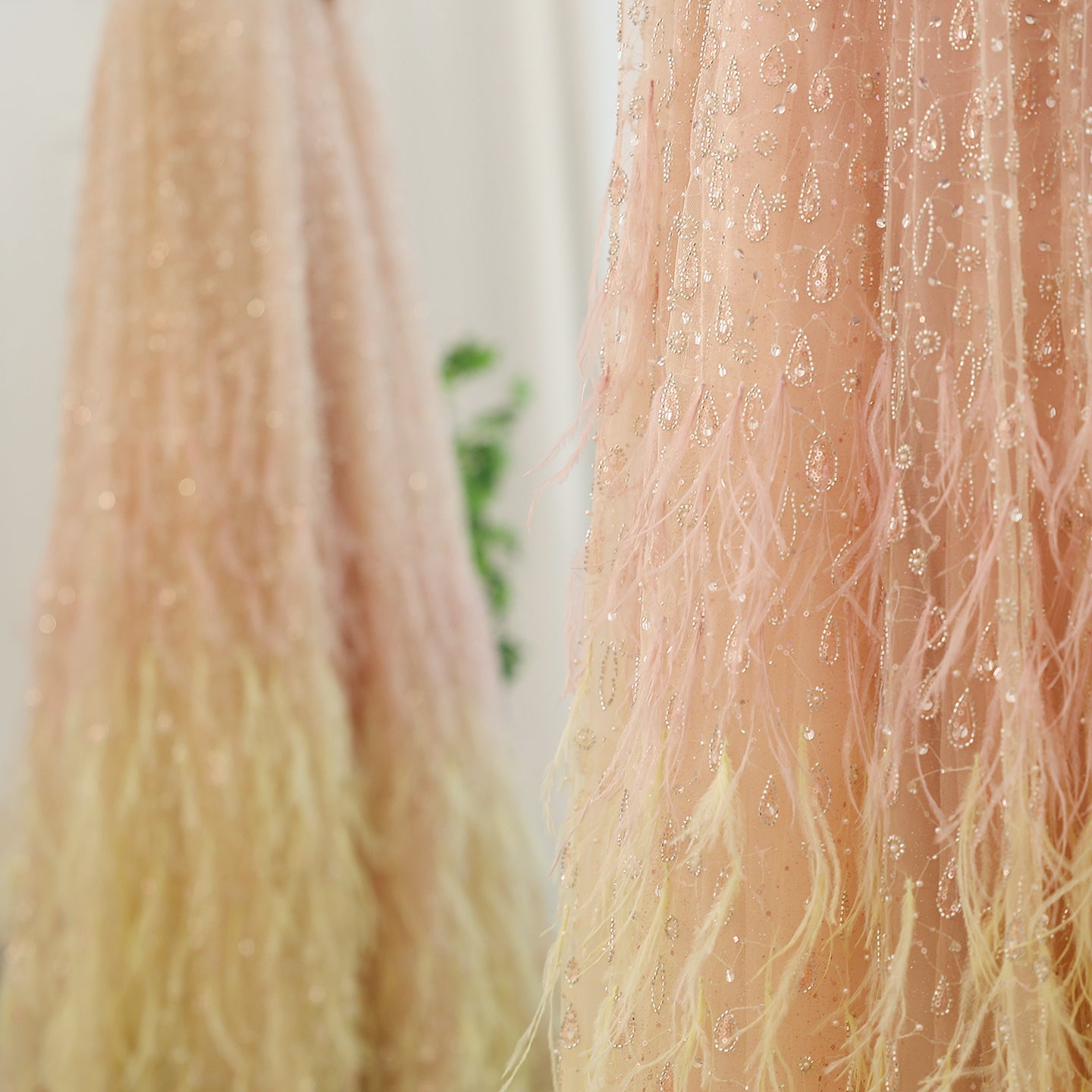 Luxury Feathers Rose Gold Evening Dress with Cape Sleeves SS438