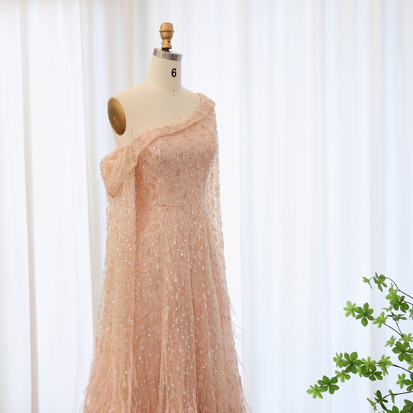 Luxury Feathers Rose Gold Evening Dress with Cape Sleeves SS438
