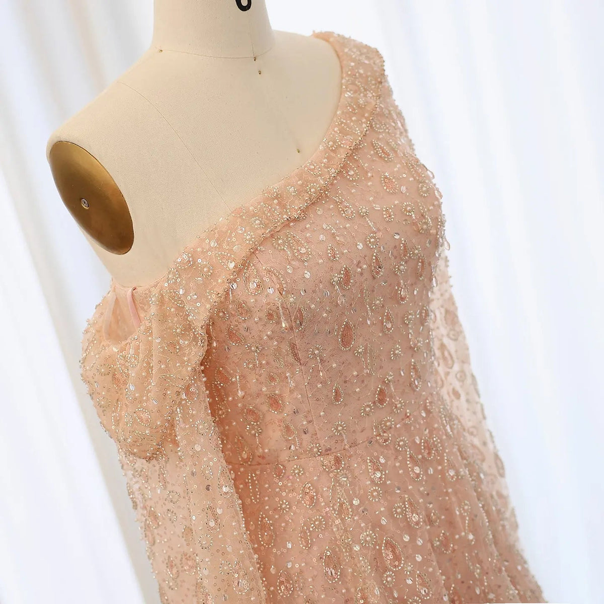 Luxury Feather One Shoulder Evening Dress with Cape Sleeves SS438