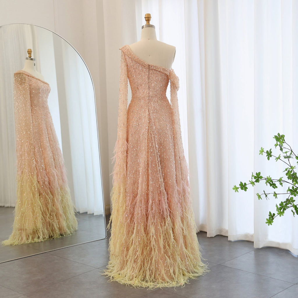 Luxury Feathers Rose Gold Evening Dress with Cape Sleeves SS438