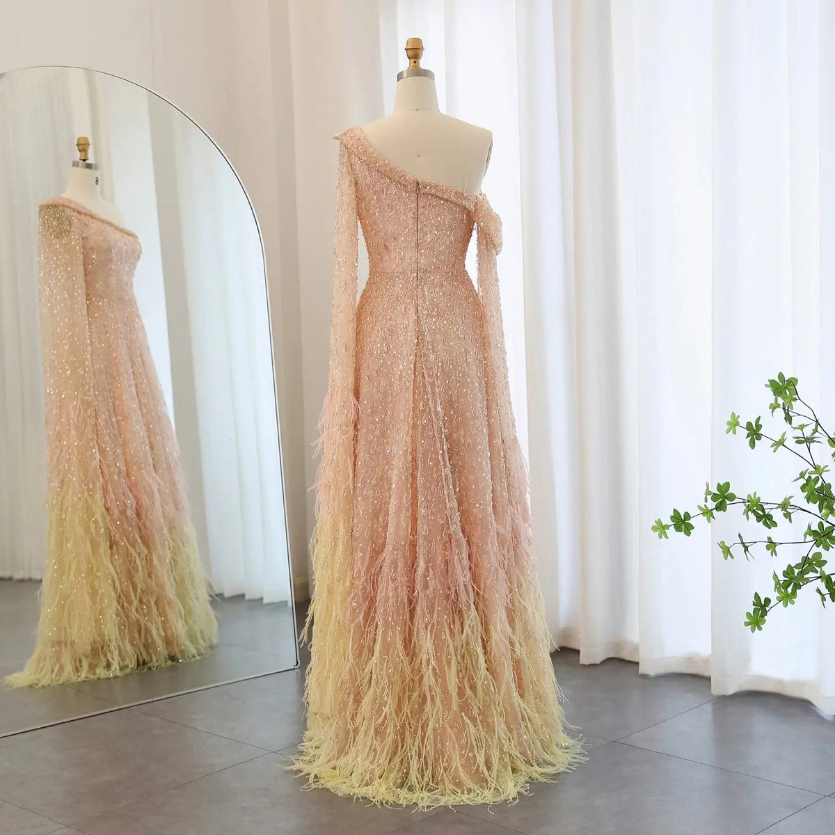 Luxury Feather One Shoulder Evening Dress with Cape Sleeves SS438